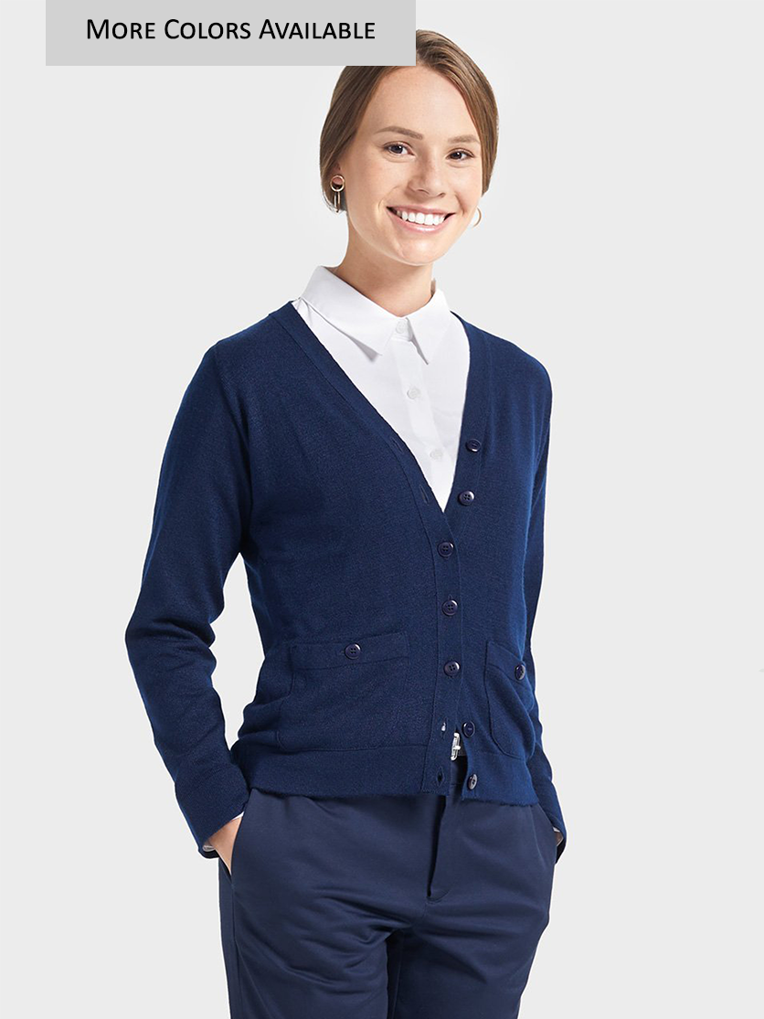 Ladies' Pocket V-Neck Cardigan Sweater Deep Navy – ICO Uniforms