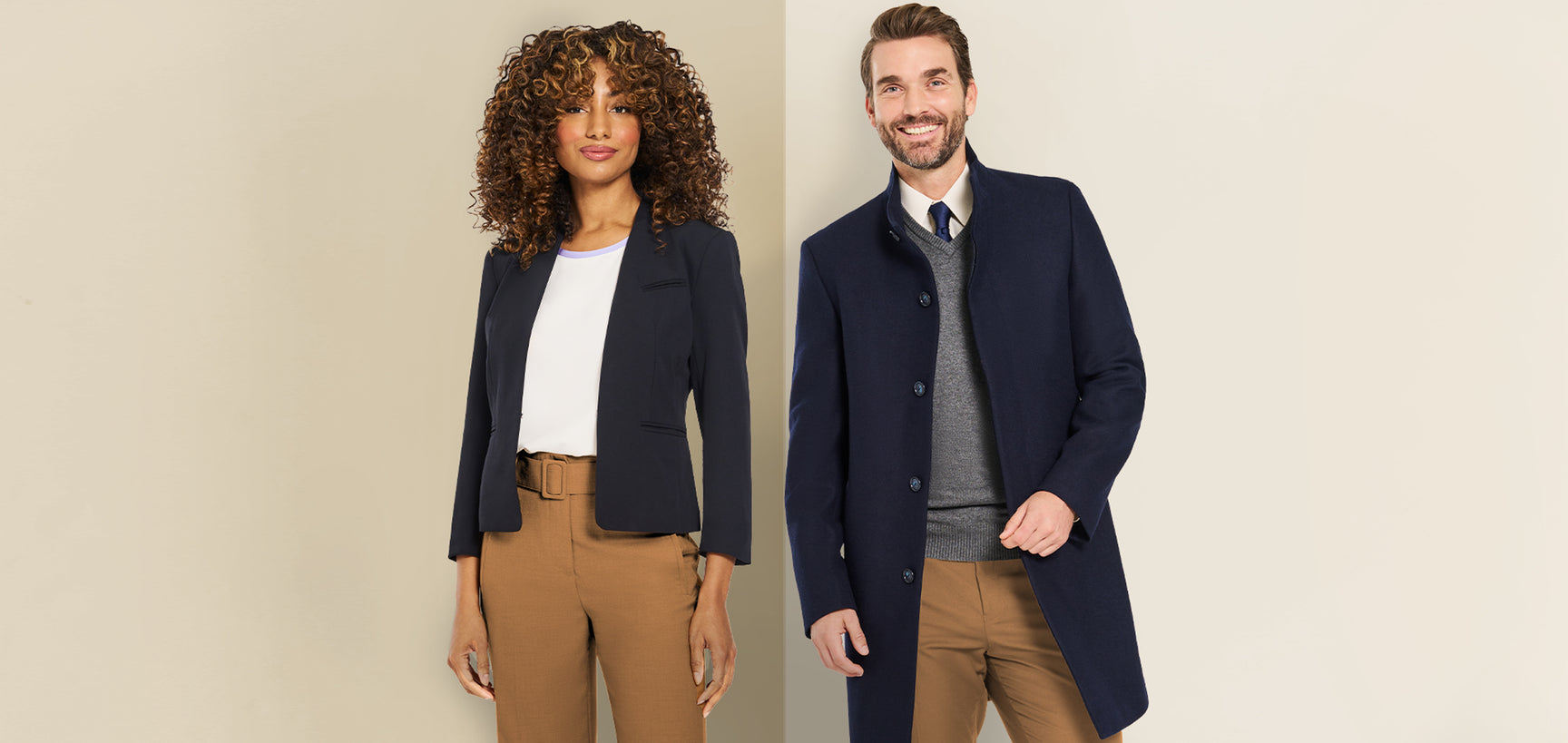 Two models wearing ICO navy tailoring with almond trousers