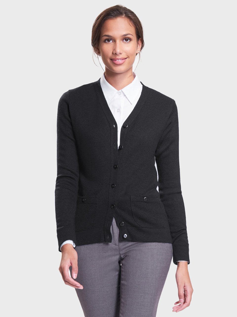 Ladies 2 Pocket V Neck Cardigan Sweater Black